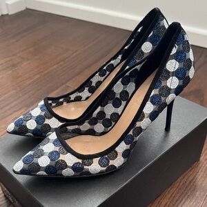 J. Crew Elsie Mesh Black and Blue Polka Dot Heels Pumps Size 8